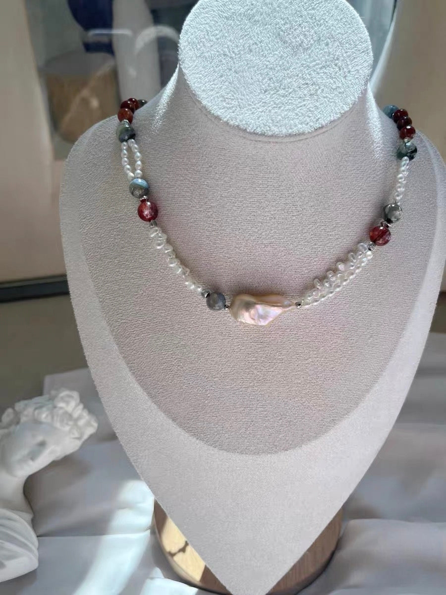 #PN1305 lace romance | Freshwater pearl necklace red-bean rabbit hair rutile quartz baby FW pearl lace designs heart baroque pearl kyanite aquamarine green mica mermaid baroque 2-layer