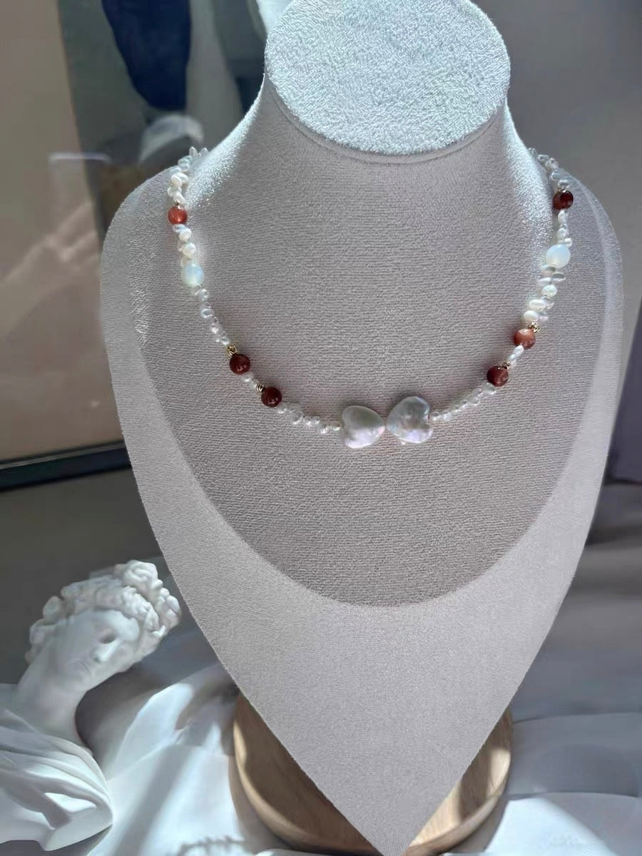 #PN1305 lace romance | Freshwater pearl necklace red-bean rabbit hair rutile quartz baby FW pearl lace designs heart baroque pearl kyanite aquamarine green mica mermaid baroque 2-layer