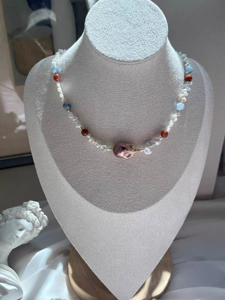 #PN1305 lace romance | Freshwater pearl necklace red-bean rabbit hair rutile quartz baby FW pearl lace designs heart baroque pearl kyanite aquamarine green mica mermaid baroque 2-layer