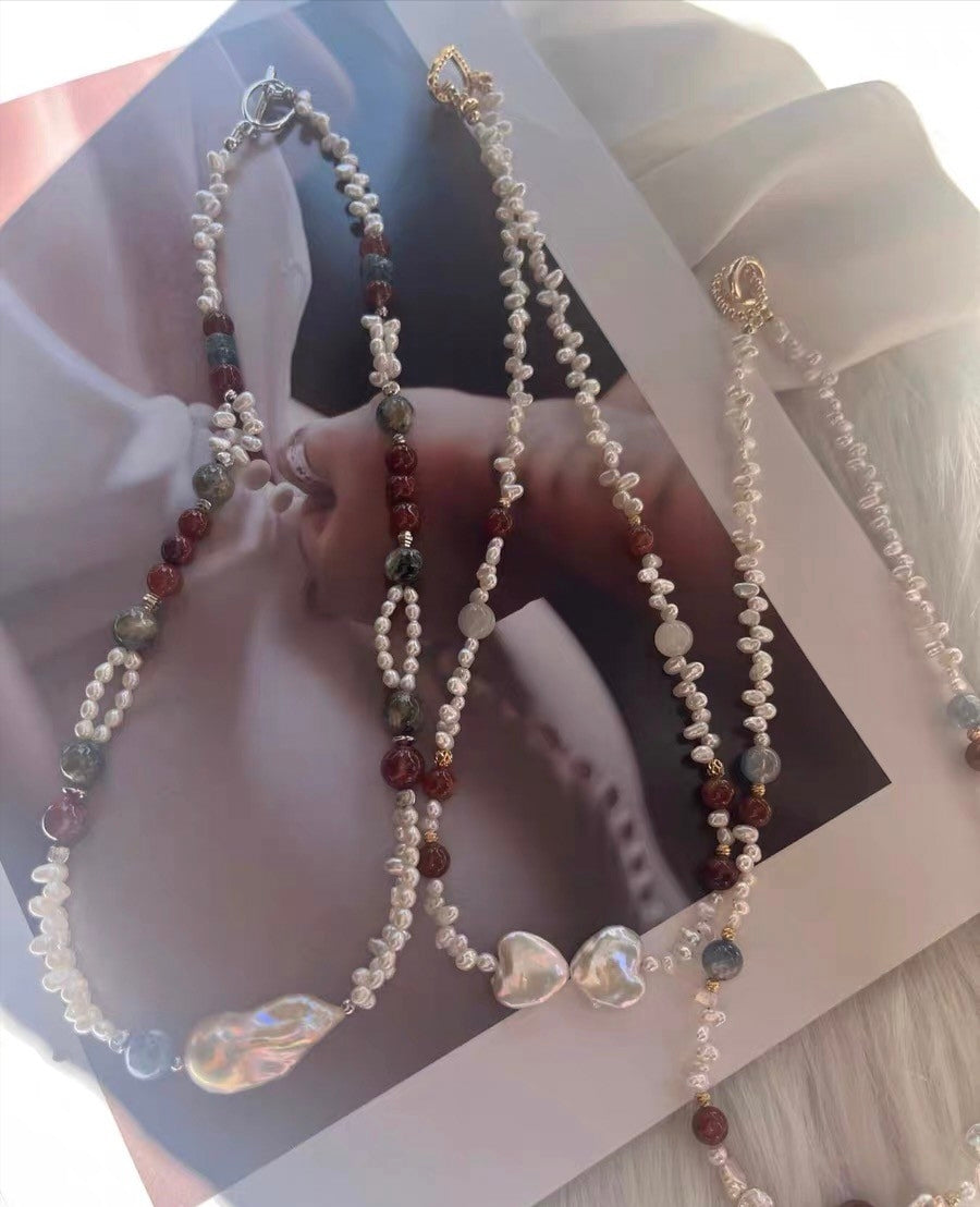 #PN1305 lace romance | Freshwater pearl necklace red-bean rabbit hair rutile quartz baby FW pearl lace designs heart baroque pearl kyanite aquamarine green mica mermaid baroque 2-layer