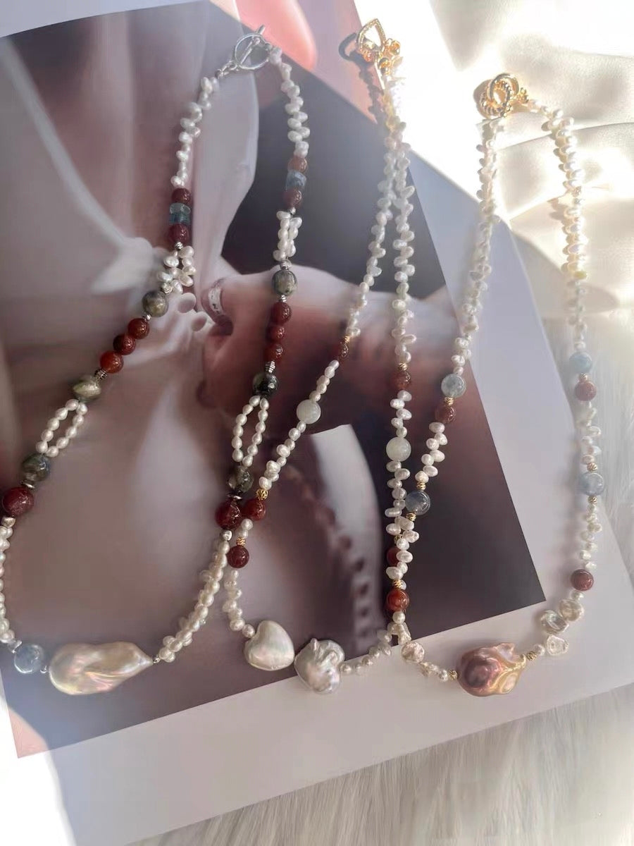#PN1305 lace romance | Freshwater pearl necklace red-bean rabbit hair rutile quartz baby FW pearl lace designs heart baroque pearl kyanite aquamarine green mica mermaid baroque 2-layer