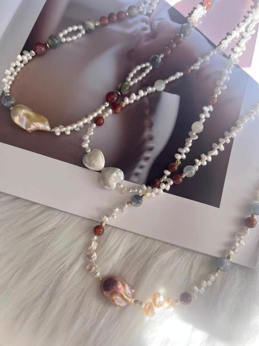 #PN1305 lace romance | Freshwater pearl necklace red-bean rabbit hair rutile quartz baby FW pearl lace designs heart baroque pearl kyanite aquamarine green mica mermaid baroque 2-layer