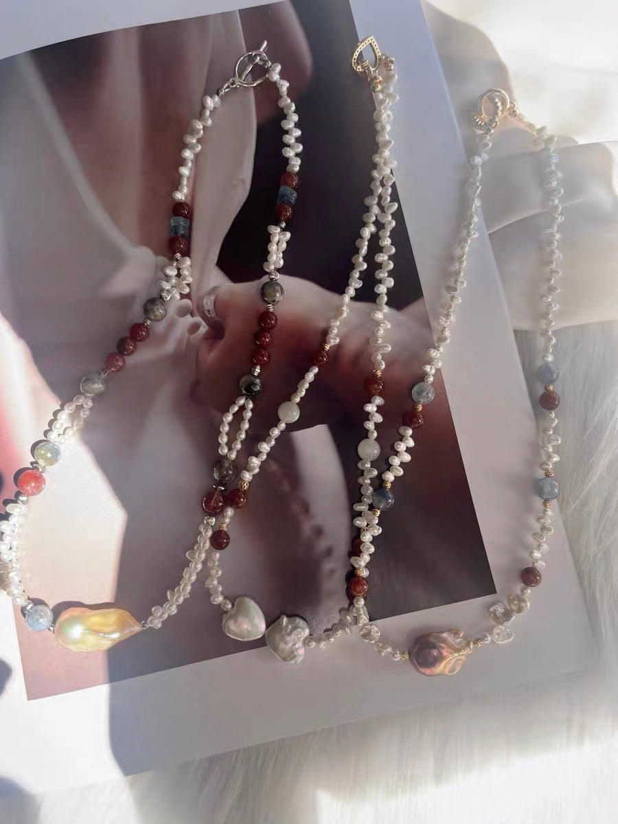 #PN1305 lace romance | Freshwater pearl necklace red-bean rabbit hair rutile quartz baby FW pearl lace designs heart baroque pearl kyanite aquamarine green mica mermaid baroque 2-layer
