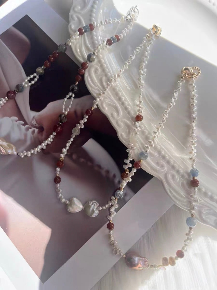 #PN1305 lace romance | Freshwater pearl necklace red-bean rabbit hair rutile quartz baby FW pearl lace designs heart baroque pearl kyanite aquamarine green mica mermaid baroque 2-layer