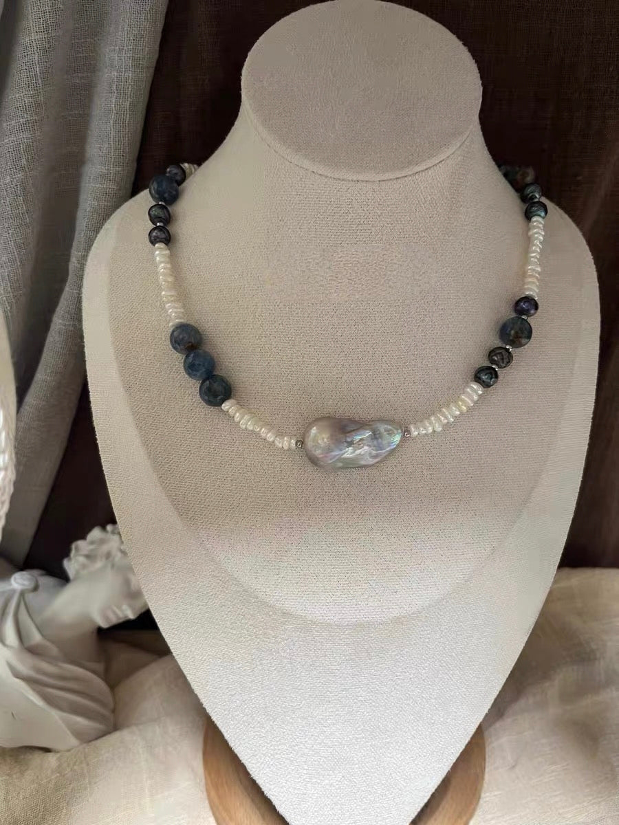 #PN1304 [Floral Series] the starry night | Freshwater pearl necklace devil aquamarine abacus kyanite pretty patterns mermaid baroque pearl w/ coated grey color baby blue aquamarine strong sheen