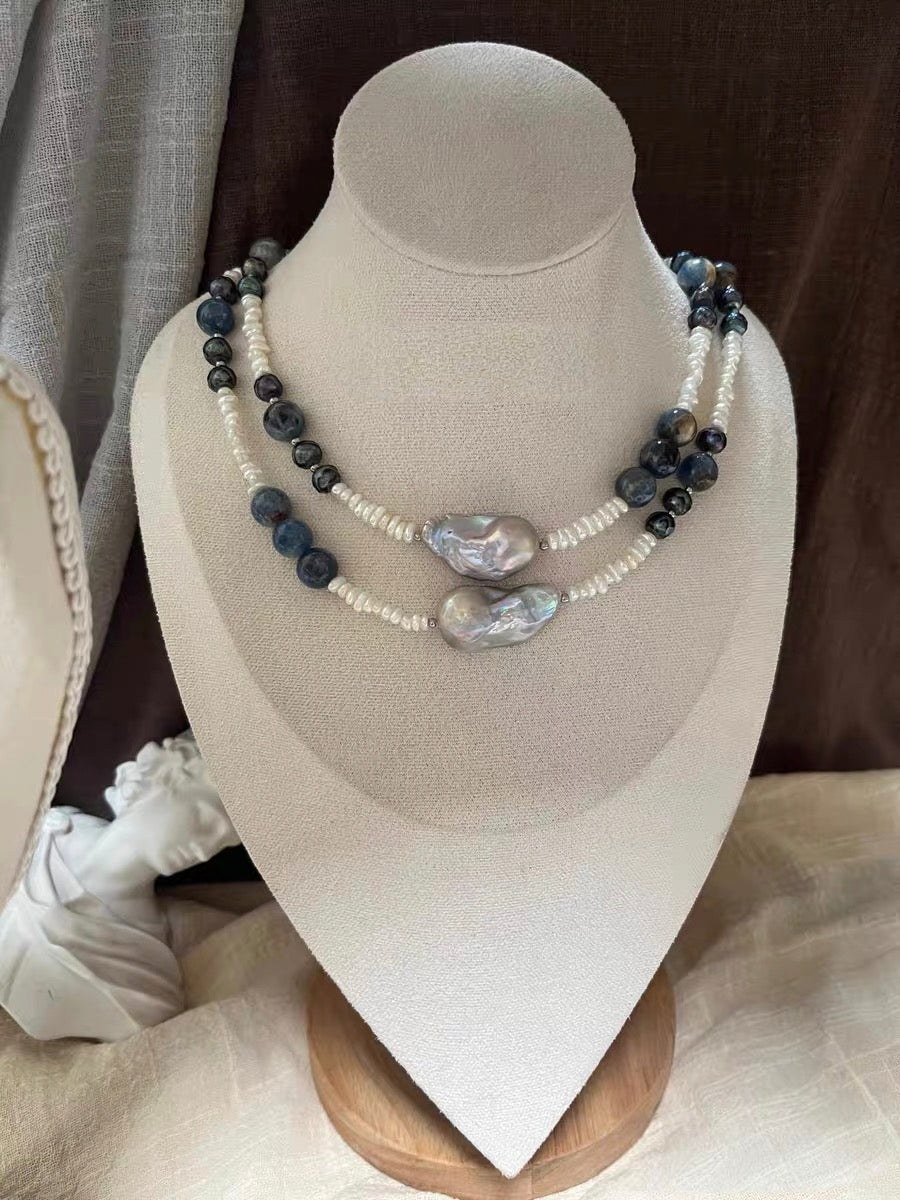 #PN1304 [Floral Series] the starry night | Freshwater pearl necklace devil aquamarine abacus kyanite pretty patterns mermaid baroque pearl w/ coated grey color baby blue aquamarine strong sheen