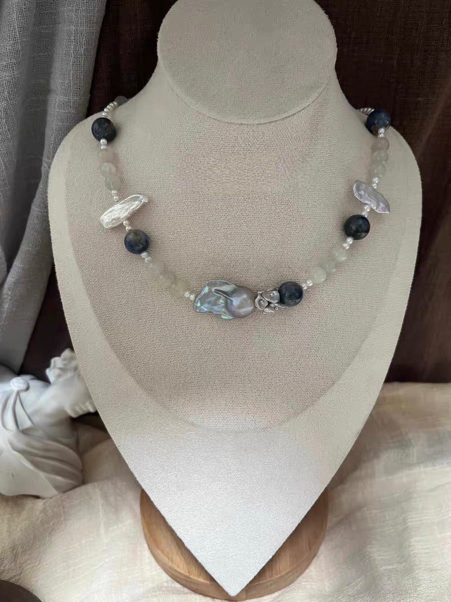 #PN1304 [Floral Series] the starry night | Freshwater pearl necklace devil aquamarine abacus kyanite pretty patterns mermaid baroque pearl w/ coated grey color baby blue aquamarine strong sheen