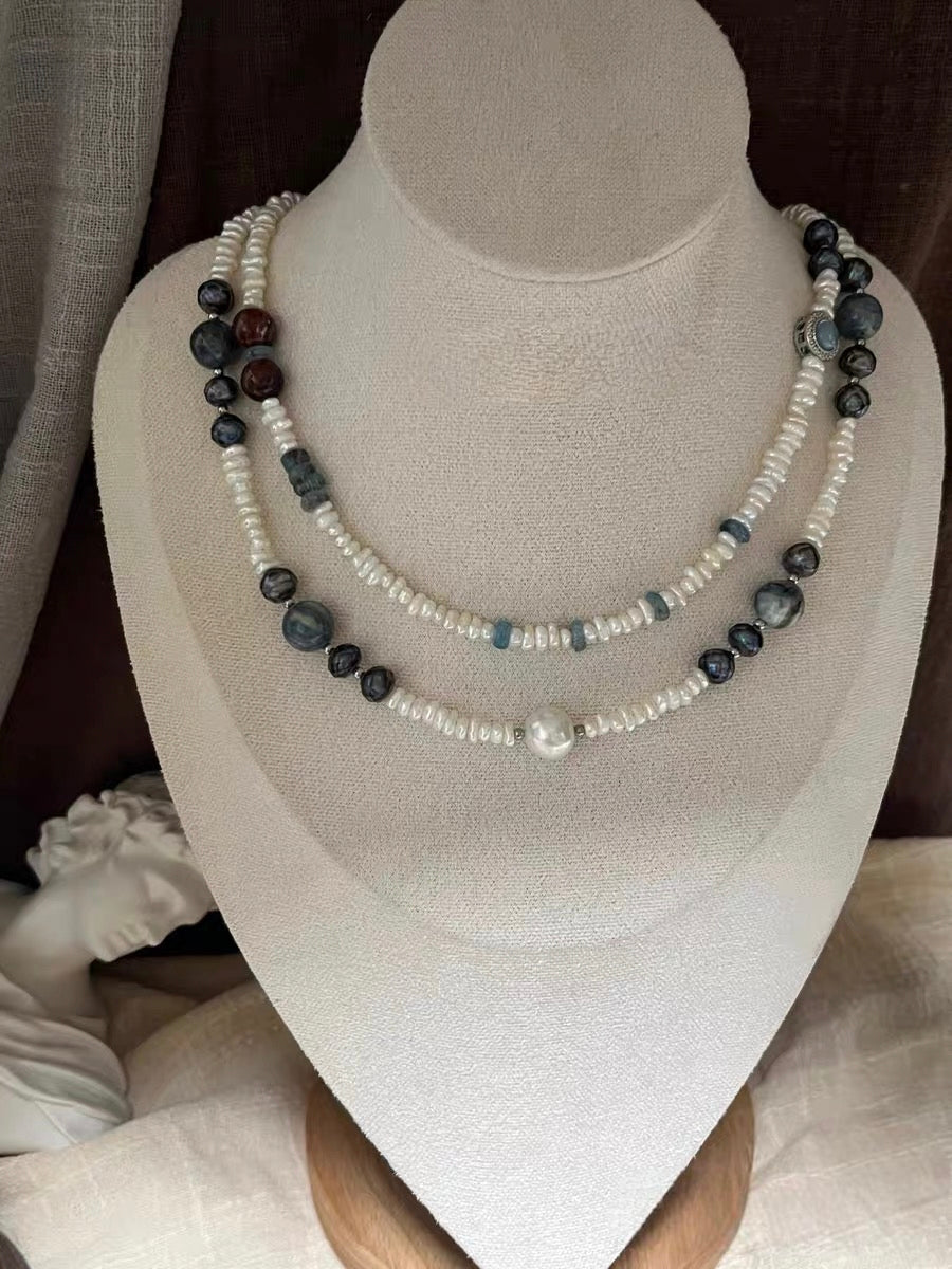 #PN1304 [Floral Series] the starry night | Freshwater pearl necklace devil aquamarine abacus kyanite pretty patterns mermaid baroque pearl w/ coated grey color baby blue aquamarine strong sheen