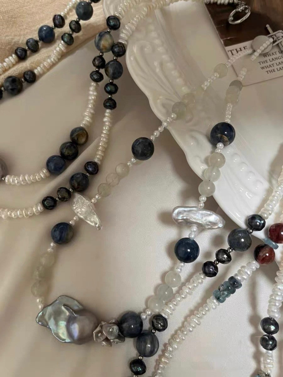 #PN1304 [Floral Series] the starry night | Freshwater pearl necklace devil aquamarine abacus kyanite pretty patterns mermaid baroque pearl w/ coated grey color baby blue aquamarine strong sheen
