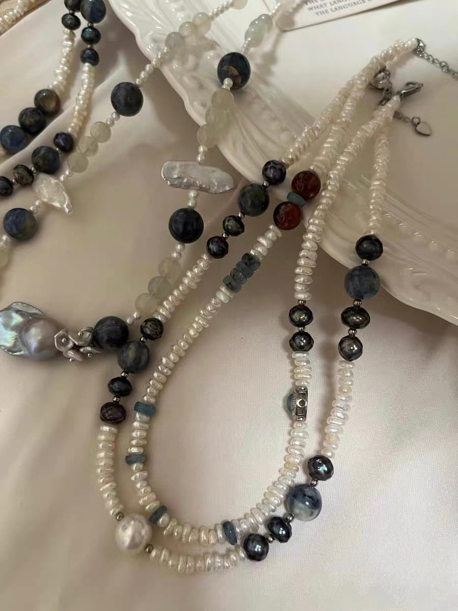 #PN1304 [Floral Series] the starry night | Freshwater pearl necklace devil aquamarine abacus kyanite pretty patterns mermaid baroque pearl w/ coated grey color baby blue aquamarine strong sheen