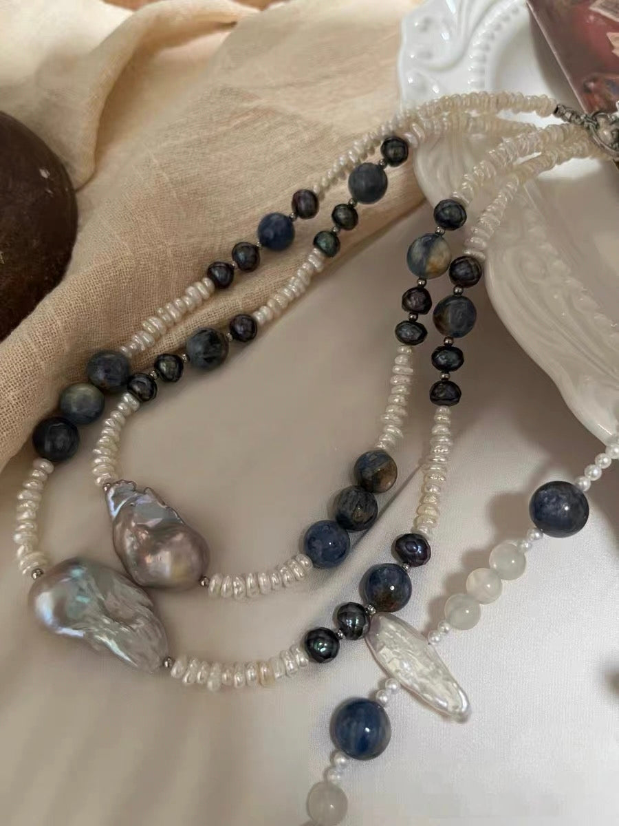 #PN1304 [Floral Series] the starry night | Freshwater pearl necklace devil aquamarine abacus kyanite pretty patterns mermaid baroque pearl w/ coated grey color baby blue aquamarine strong sheen