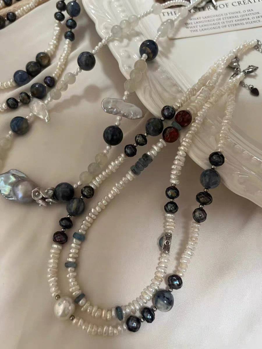 #PN1304 [Floral Series] the starry night | Freshwater pearl necklace devil aquamarine abacus kyanite pretty patterns mermaid baroque pearl w/ coated grey color baby blue aquamarine strong sheen