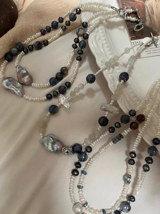 #PN1304 [Floral Series] the starry night | Freshwater pearl necklace devil aquamarine abacus kyanite pretty patterns mermaid baroque pearl w/ coated grey color baby blue aquamarine strong sheen