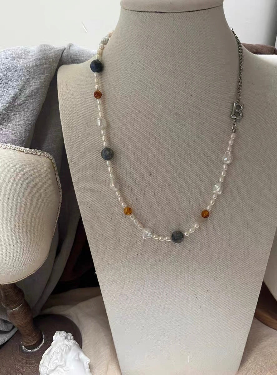 #PN1309 blue lover | Freshwater pearl necklace & bracelet set kyanite amethyst citrine amber freeform strong sheen clear quartz tower starry shimmer electro-treated grey fishtail baroque flower petal baroque pearls