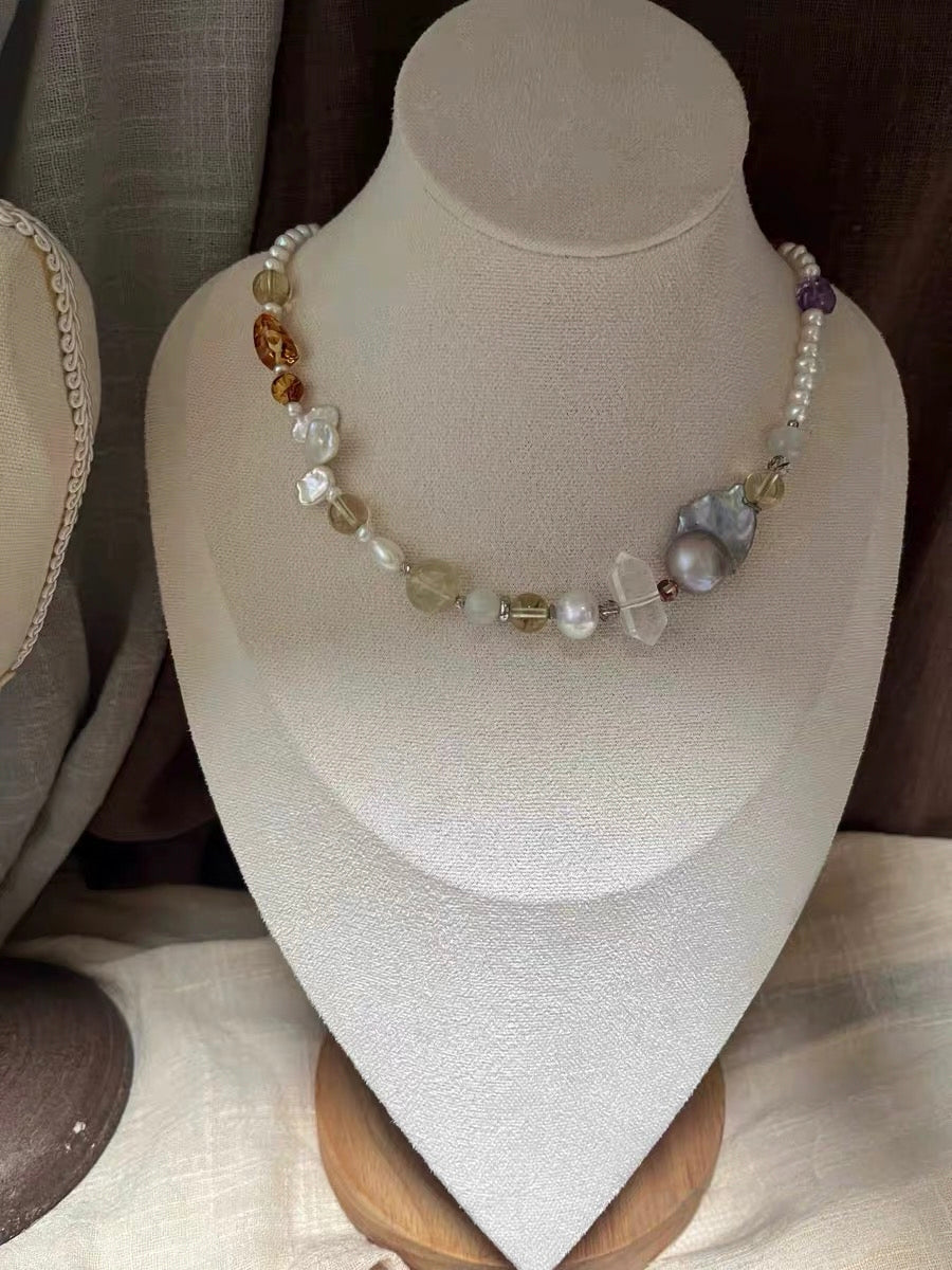 #PN1309 blue lover | Freshwater pearl necklace & bracelet set kyanite amethyst citrine amber freeform strong sheen clear quartz tower starry shimmer electro-treated grey fishtail baroque flower petal baroque pearls