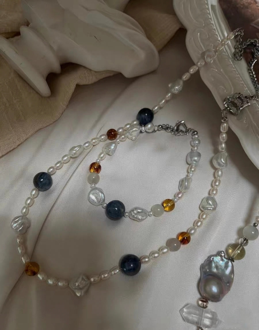 #PN1309 blue lover | Freshwater pearl necklace & bracelet set kyanite amethyst citrine amber freeform strong sheen clear quartz tower starry shimmer electro-treated grey fishtail baroque flower petal baroque pearls
