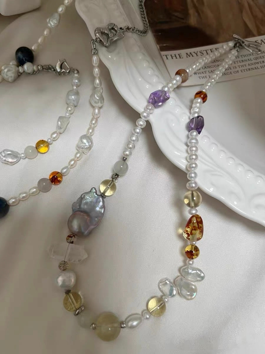 #PN1309 blue lover | Freshwater pearl necklace & bracelet set kyanite amethyst citrine amber freeform strong sheen clear quartz tower starry shimmer electro-treated grey fishtail baroque flower petal baroque pearls