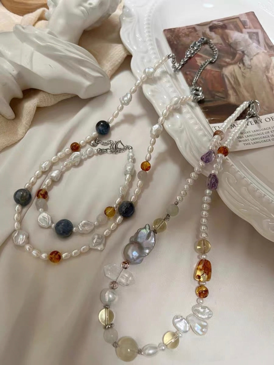 #PN1309 blue lover | Freshwater pearl necklace & bracelet set kyanite amethyst citrine amber freeform strong sheen clear quartz tower starry shimmer electro-treated grey fishtail baroque flower petal baroque pearls