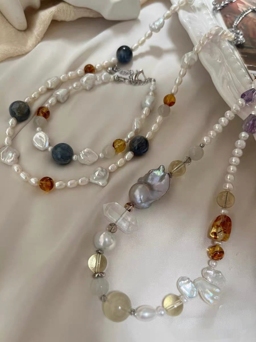 #PN1309 blue lover | Freshwater pearl necklace & bracelet set kyanite amethyst citrine amber freeform strong sheen clear quartz tower starry shimmer electro-treated grey fishtail baroque flower petal baroque pearls