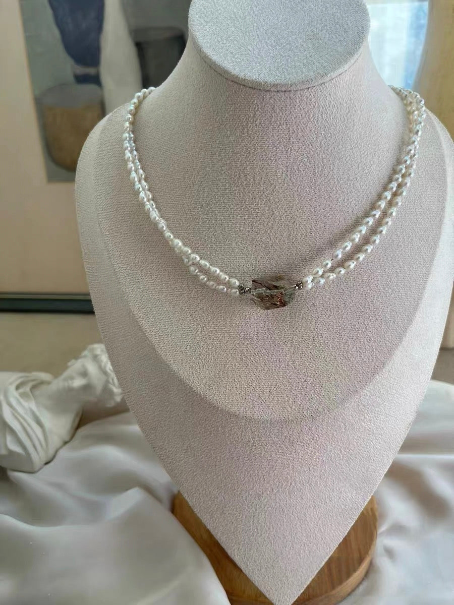 #PN1303 eternal elegance | Freshwater pearl necklace & bracelet set | 40cm+5cm rutilated quartz freeform colorful rutile double-layer keshi pearls