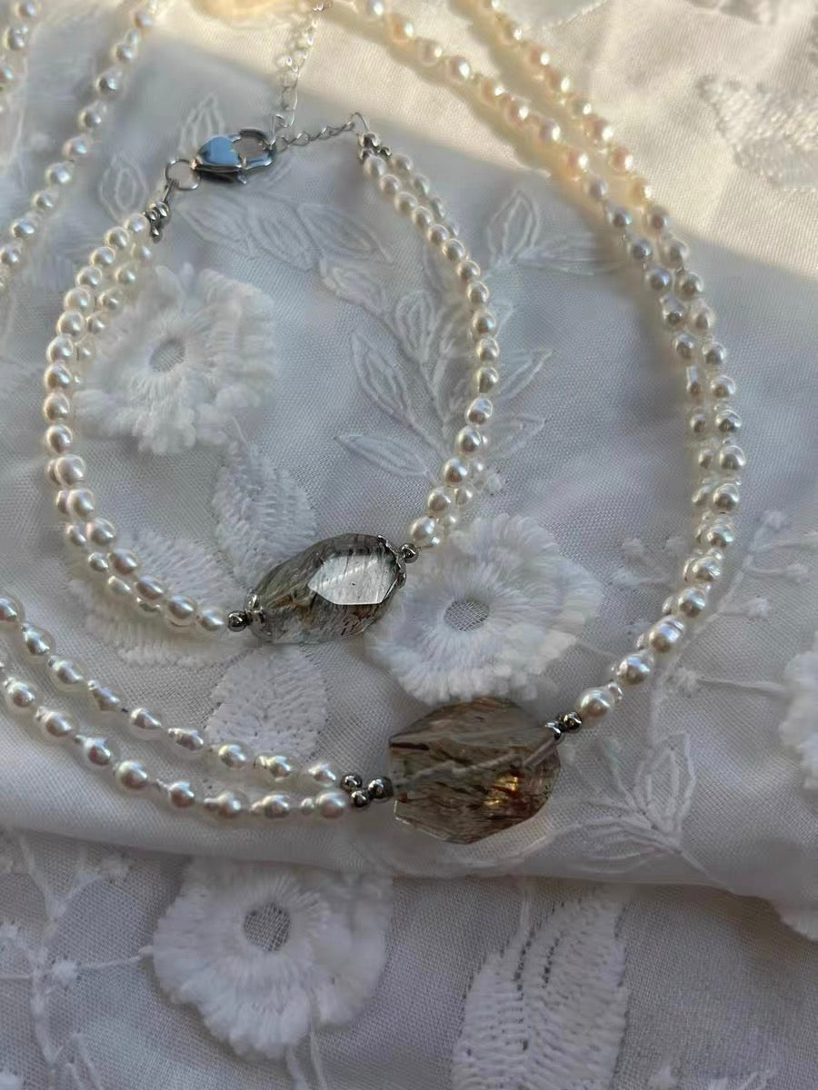 #PN1303 eternal elegance | Freshwater pearl necklace & bracelet set | 40cm+5cm rutilated quartz freeform colorful rutile double-layer keshi pearls