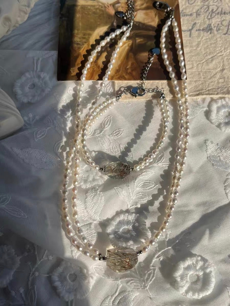 #PN1303 eternal elegance | Freshwater pearl necklace & bracelet set | 40cm+5cm rutilated quartz freeform colorful rutile double-layer keshi pearls