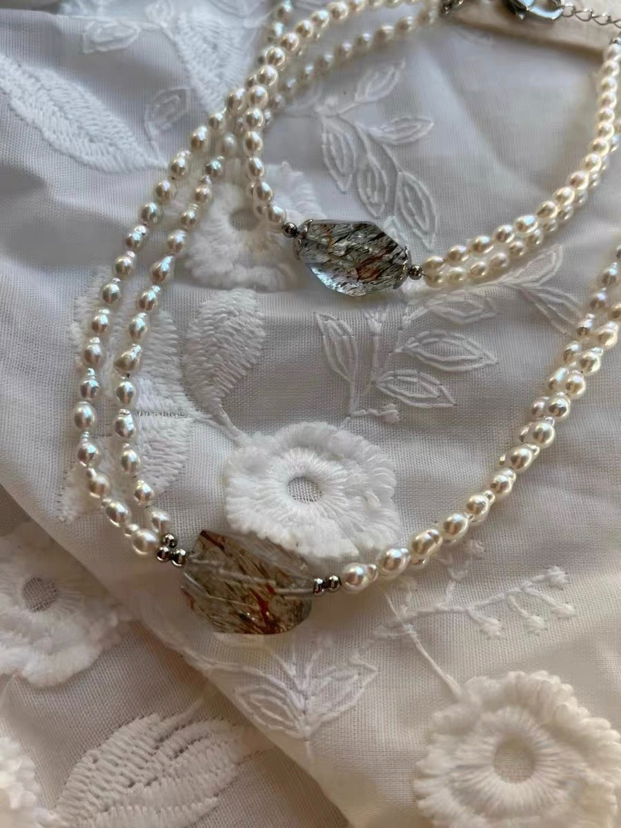 #PN1303 eternal elegance | Freshwater pearl necklace & bracelet set | 40cm+5cm rutilated quartz freeform colorful rutile double-layer keshi pearls