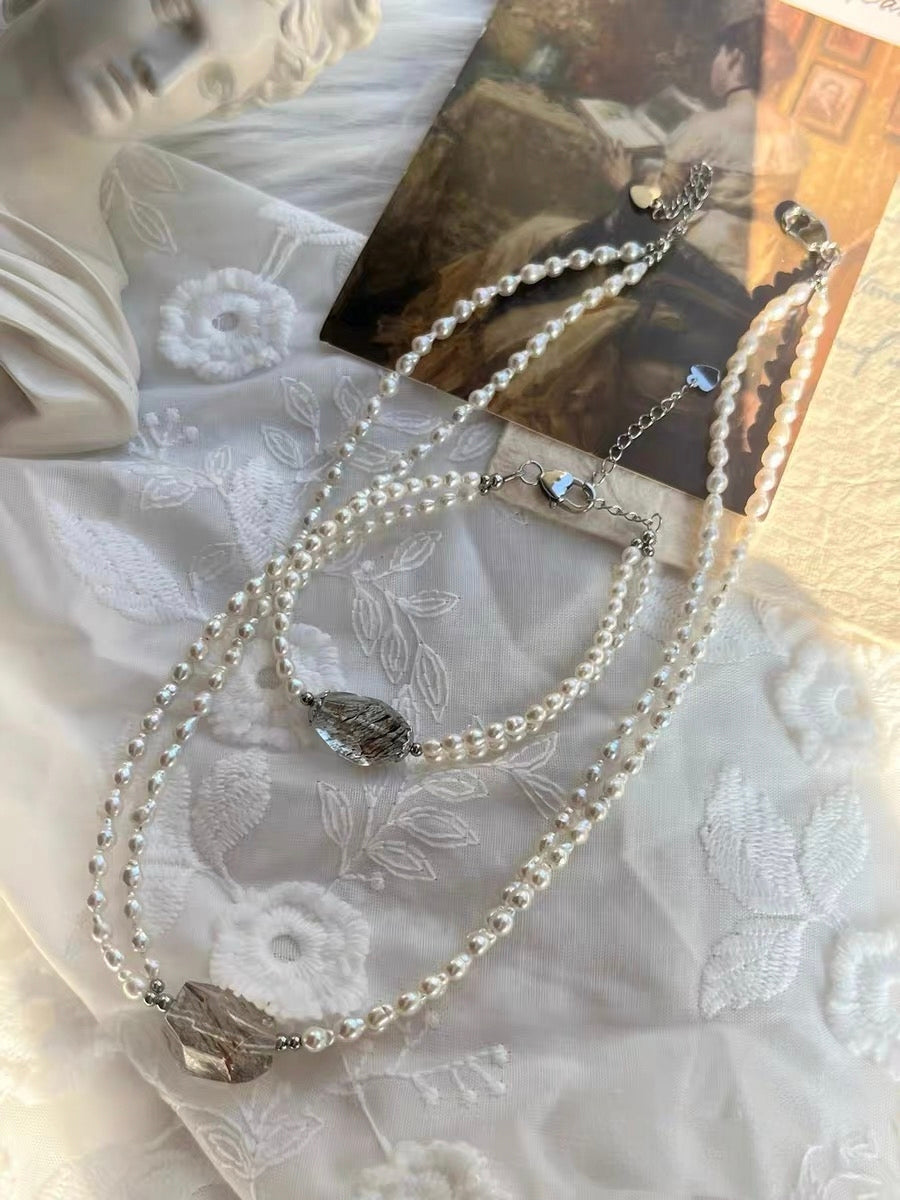 #PN1303 eternal elegance | Freshwater pearl necklace & bracelet set | 40cm+5cm rutilated quartz freeform colorful rutile double-layer keshi pearls