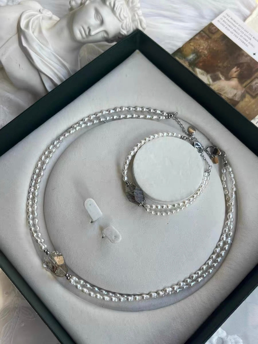 #PN1303 eternal elegance | Freshwater pearl necklace & bracelet set | 40cm+5cm rutilated quartz freeform colorful rutile double-layer keshi pearls