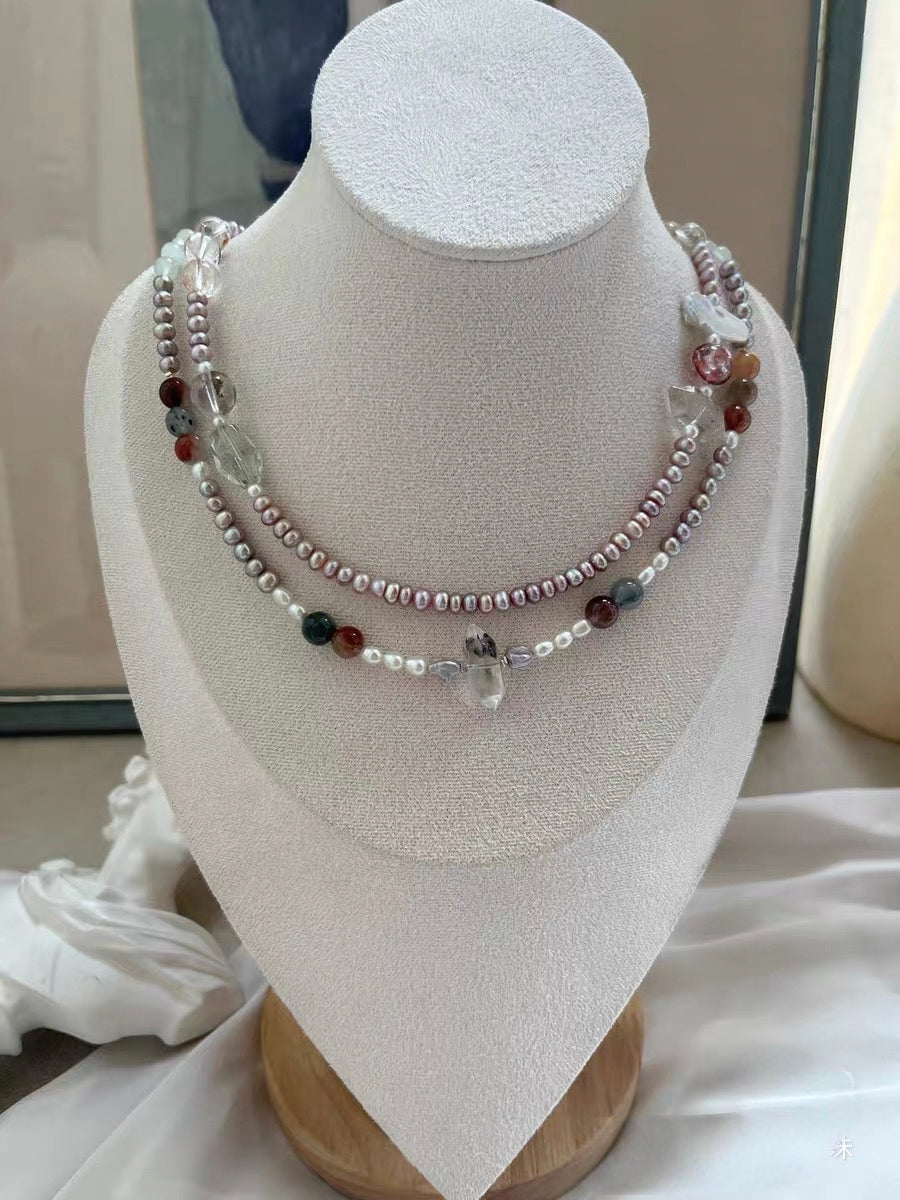 #PN1315 The Lyric Edition| lavender myth | Freshwater pearl necklace baby purple pearls colorful rabbit hair red & golden hematoid lute baroque aquamarine green quartz herkimer quartz tower strong sheen