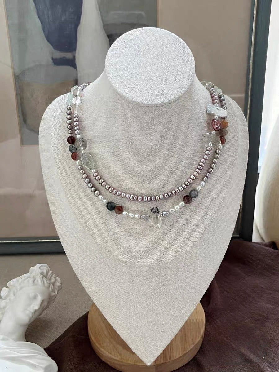 #PN1315 The Lyric Edition| lavender myth | Freshwater pearl necklace baby purple pearls colorful rabbit hair red & golden hematoid lute baroque aquamarine green quartz herkimer quartz tower strong sheen