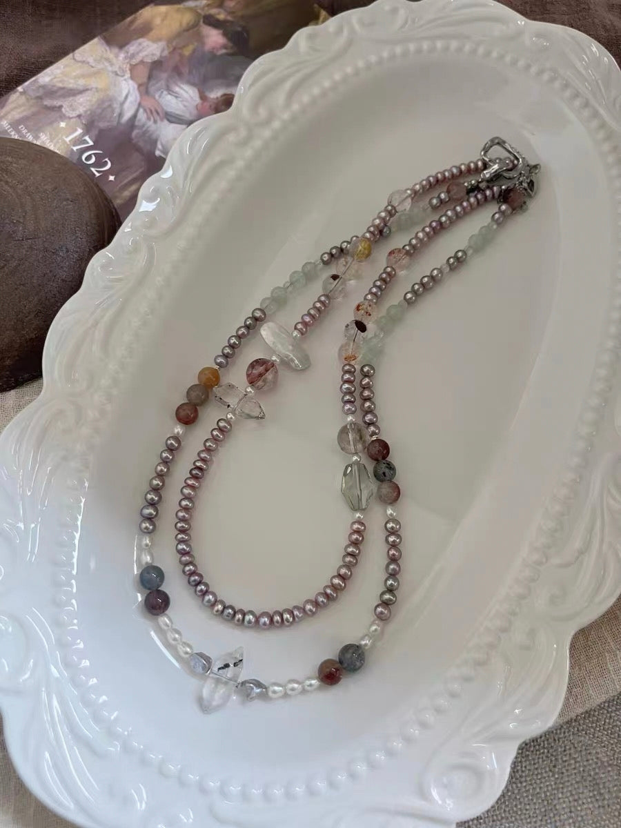 #PN1315 The Lyric Edition| lavender myth | Freshwater pearl necklace baby purple pearls colorful rabbit hair red & golden hematoid lute baroque aquamarine green quartz herkimer quartz tower strong sheen