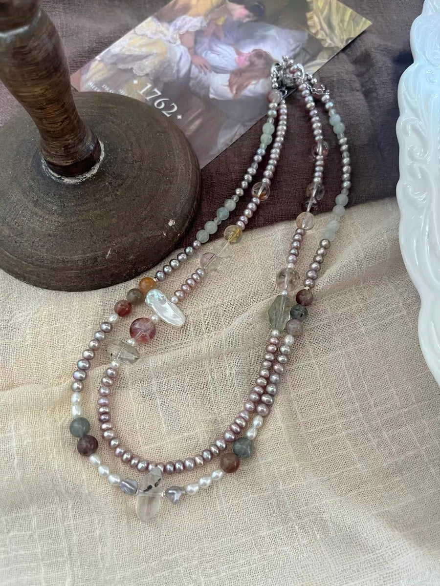 #PN1315 The Lyric Edition| lavender myth | Freshwater pearl necklace baby purple pearls colorful rabbit hair red & golden hematoid lute baroque aquamarine green quartz herkimer quartz tower strong sheen
