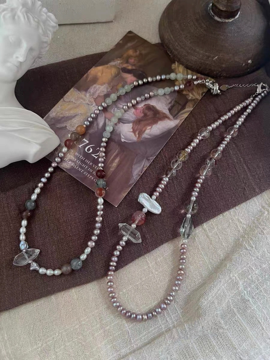 #PN1315 The Lyric Edition| lavender myth | Freshwater pearl necklace baby purple pearls colorful rabbit hair red & golden hematoid lute baroque aquamarine green quartz herkimer quartz tower strong sheen