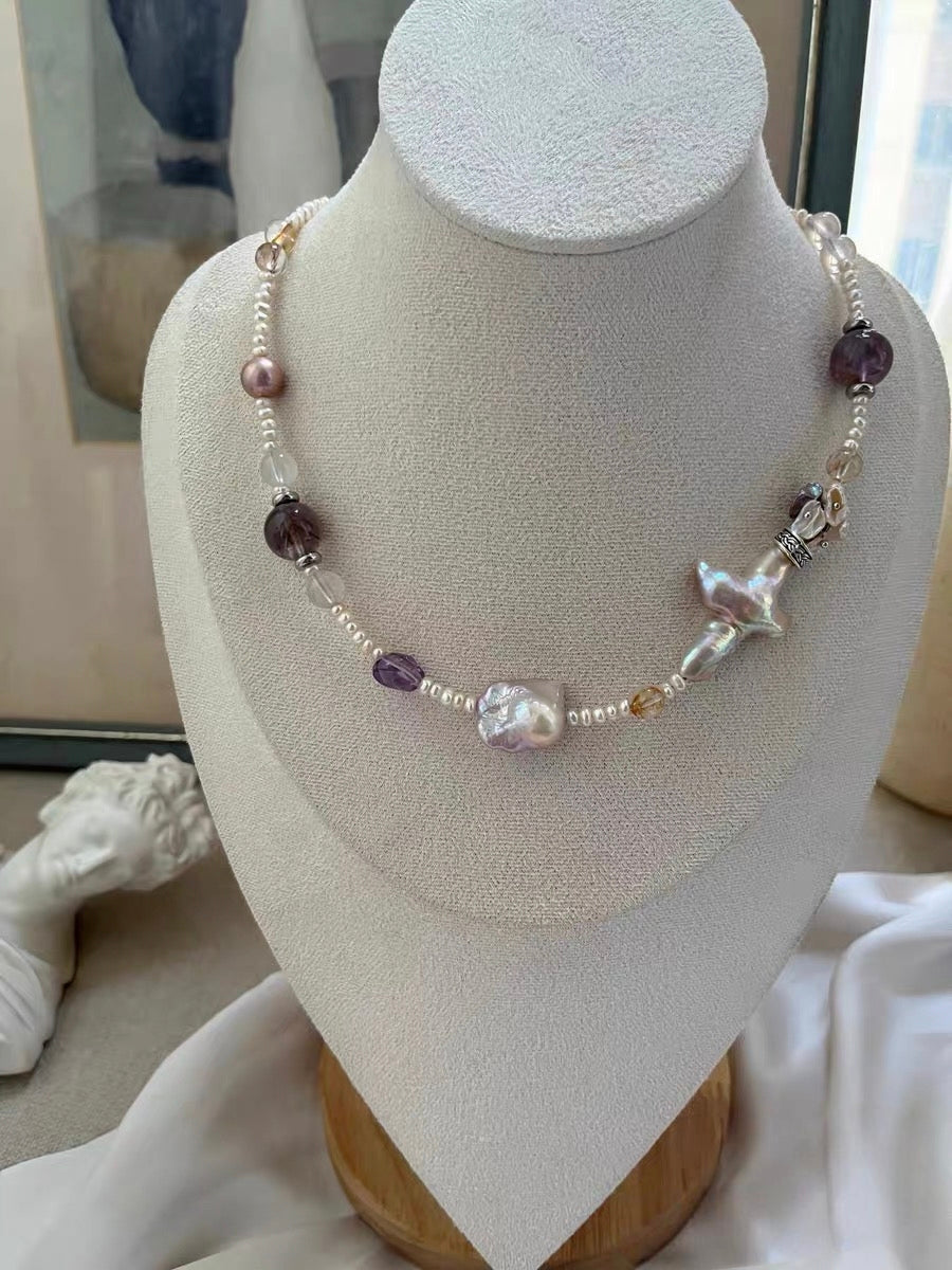 #PN1302 [Floral Series] aurora light | Freshwater pearl necklace big cross pearl moon baroque pearl kunzite abacus amethyst tower lavender purple mermaid baroque pearl aurora 23 lustrous