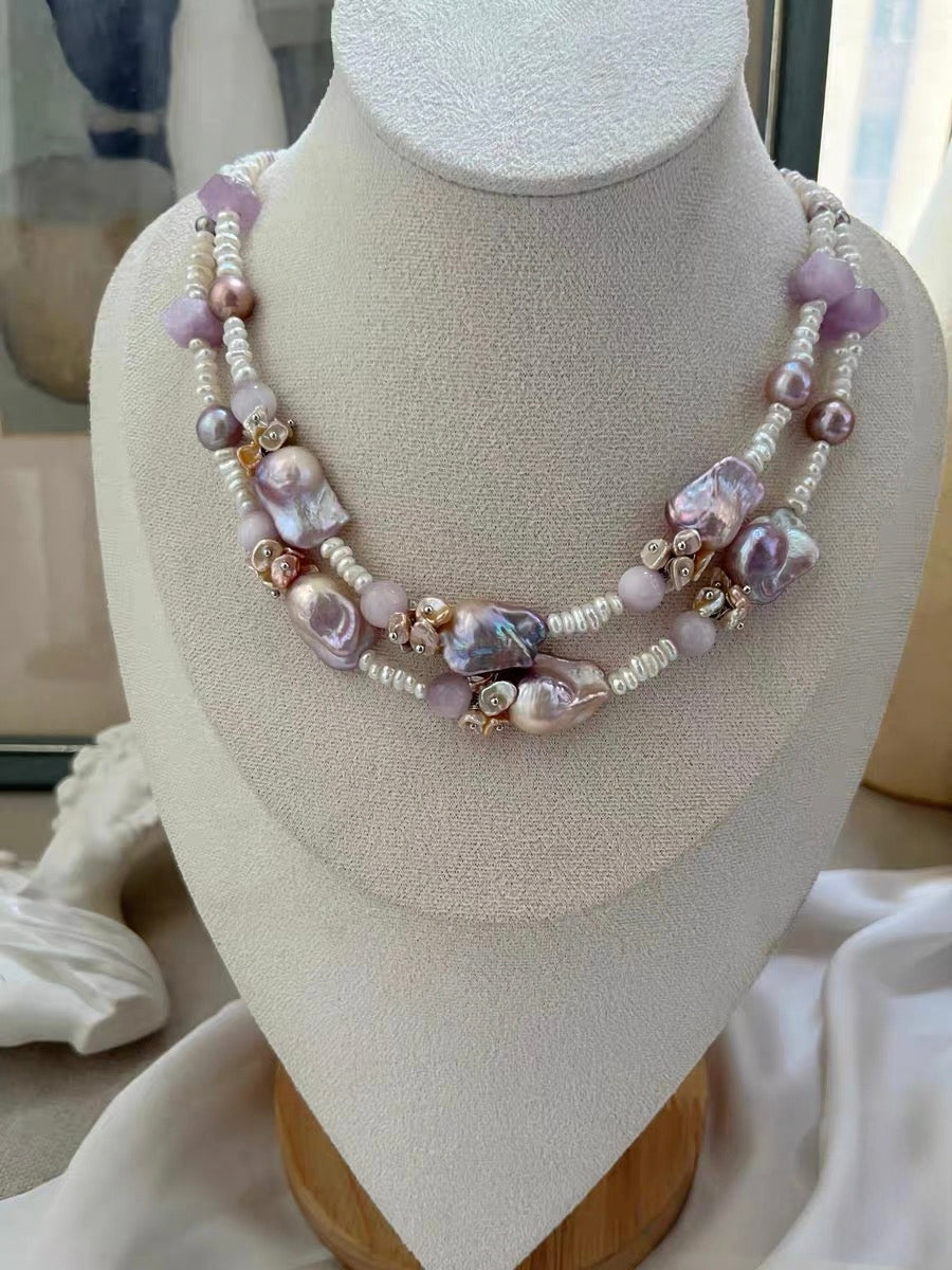 #PN1301 [Floral Series] purple palace | Freshwater pearl necklace kunzite freeform amethyst rose quartz baby layered freshwater pearls fairy-purple mermaid baroque