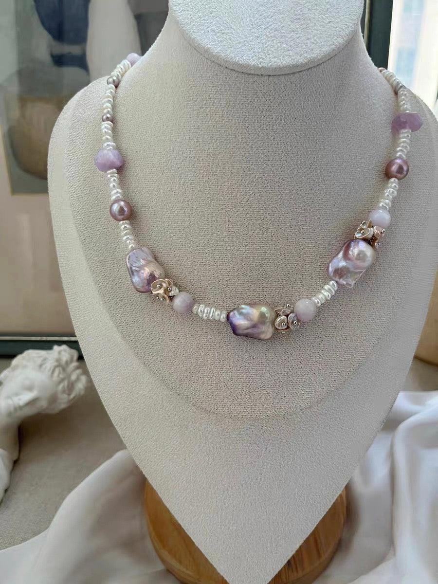 #PN1301 [Floral Series] purple palace | Freshwater pearl necklace kunzite freeform amethyst rose quartz baby layered freshwater pearls fairy-purple mermaid baroque