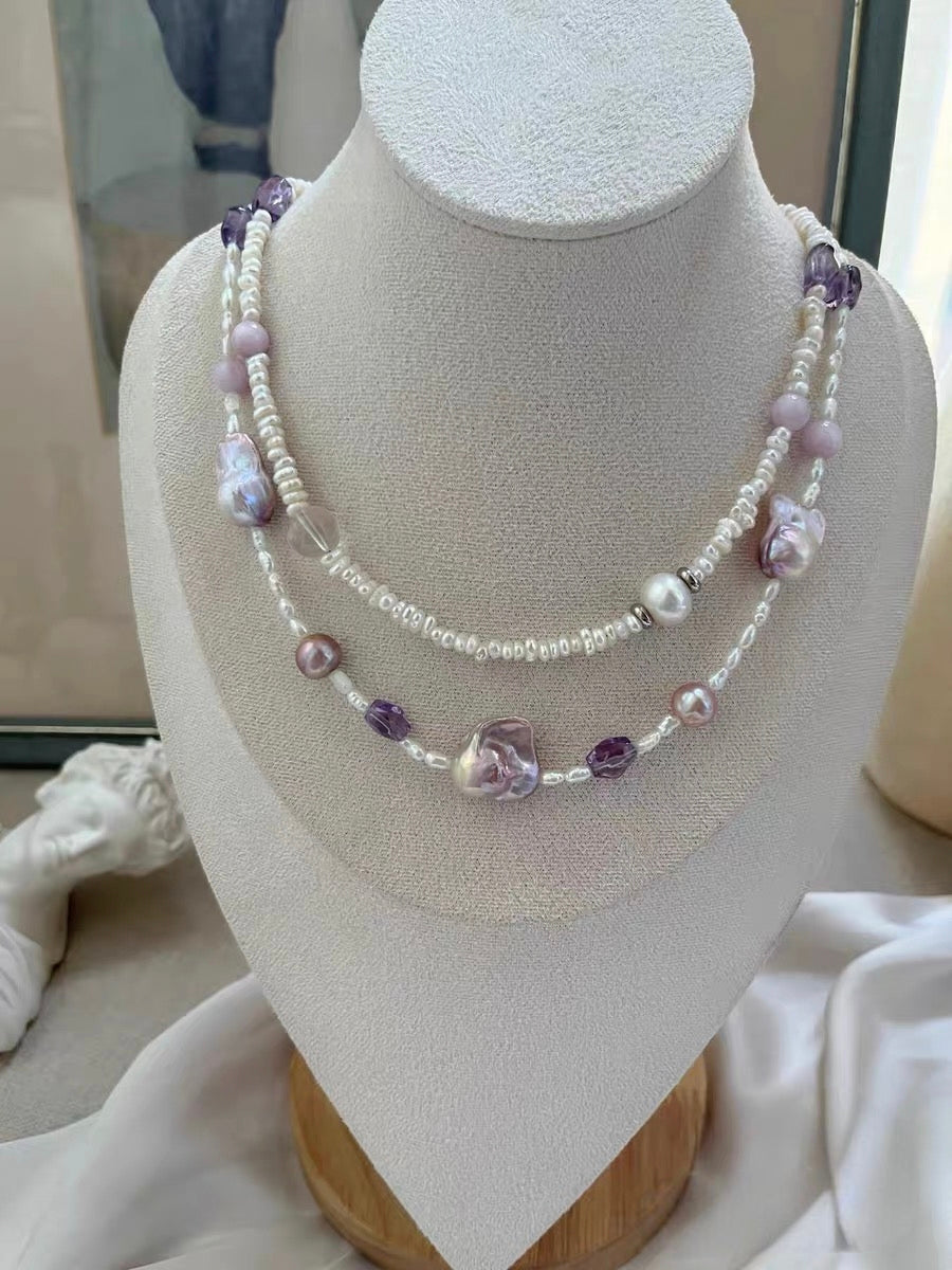 #PN1301 [Floral Series] purple palace | Freshwater pearl necklace kunzite freeform amethyst rose quartz baby layered freshwater pearls fairy-purple mermaid baroque