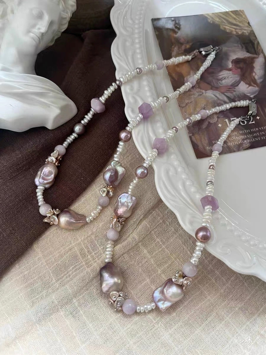 #PN1301 [Floral Series] purple palace | Freshwater pearl necklace kunzite freeform amethyst rose quartz baby layered freshwater pearls fairy-purple mermaid baroque