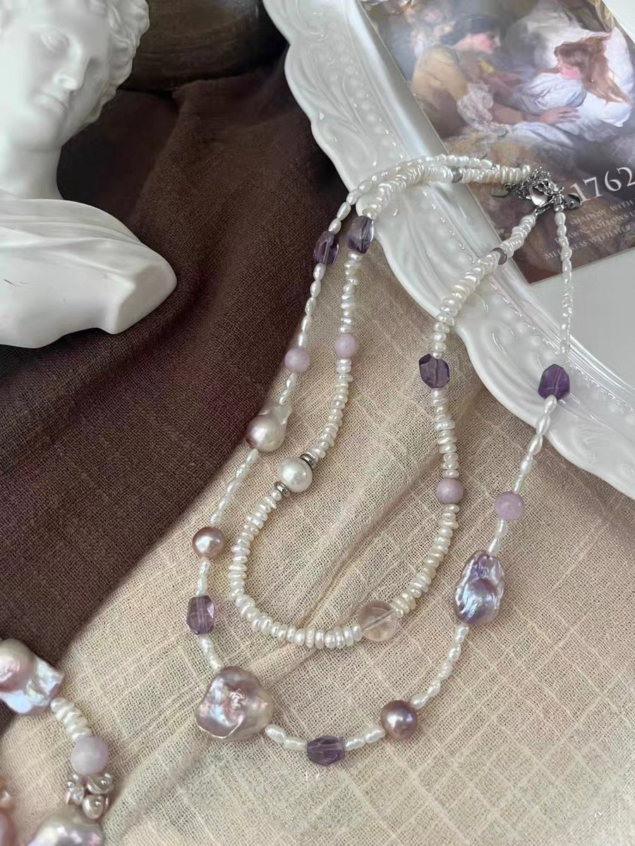 #PN1301 [Floral Series] purple palace | Freshwater pearl necklace kunzite freeform amethyst rose quartz baby layered freshwater pearls fairy-purple mermaid baroque
