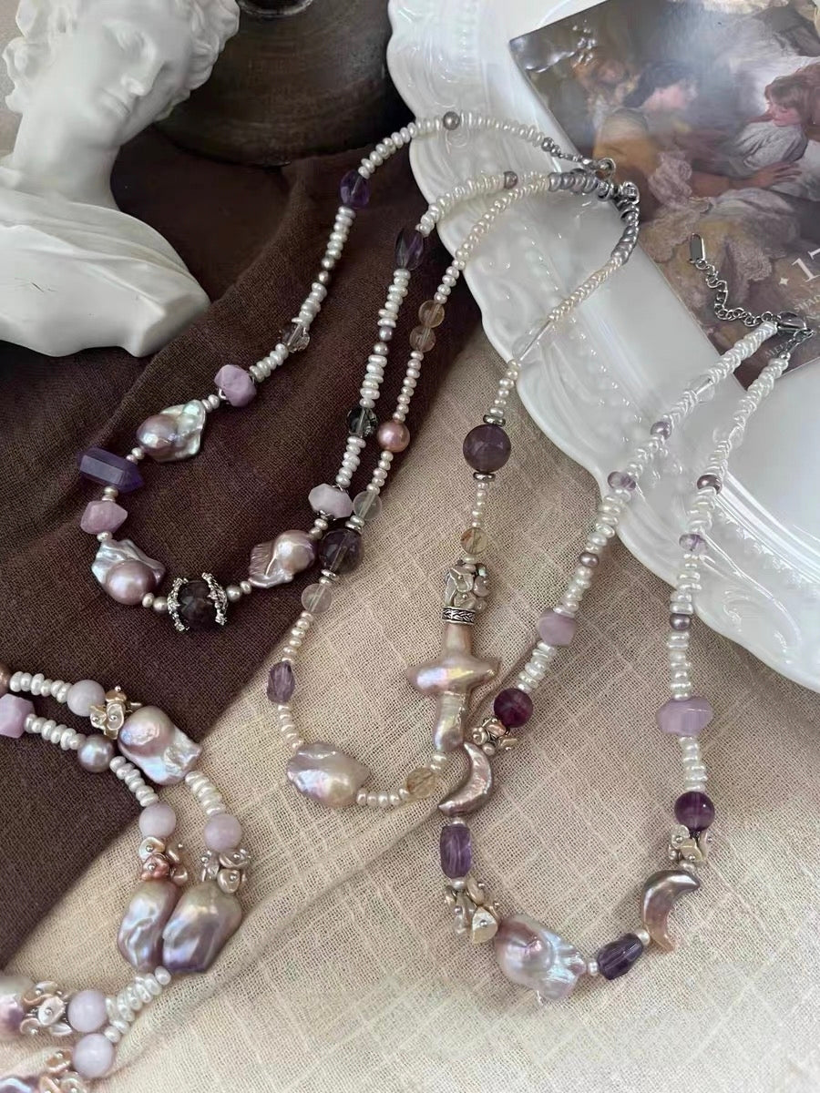 #PN1302 [Floral Series] aurora light | Freshwater pearl necklace big cross pearl moon baroque pearl kunzite abacus amethyst tower lavender purple mermaid baroque pearl aurora 23 lustrous
