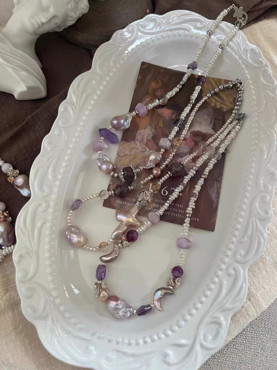 #PN1302 [Floral Series] aurora light | Freshwater pearl necklace big cross pearl moon baroque pearl kunzite abacus amethyst tower lavender purple mermaid baroque pearl aurora 23 lustrous