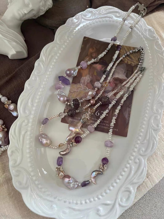 #PN1302 [Floral Series] aurora light | Freshwater pearl necklace big cross pearl moon baroque pearl kunzite abacus amethyst tower lavender purple mermaid baroque pearl aurora 23 lustrous
