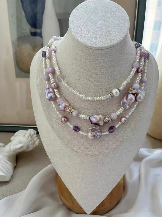 #PN1301 [Floral Series] purple palace | Freshwater pearl necklace kunzite freeform amethyst rose quartz baby layered freshwater pearls fairy-purple mermaid baroque