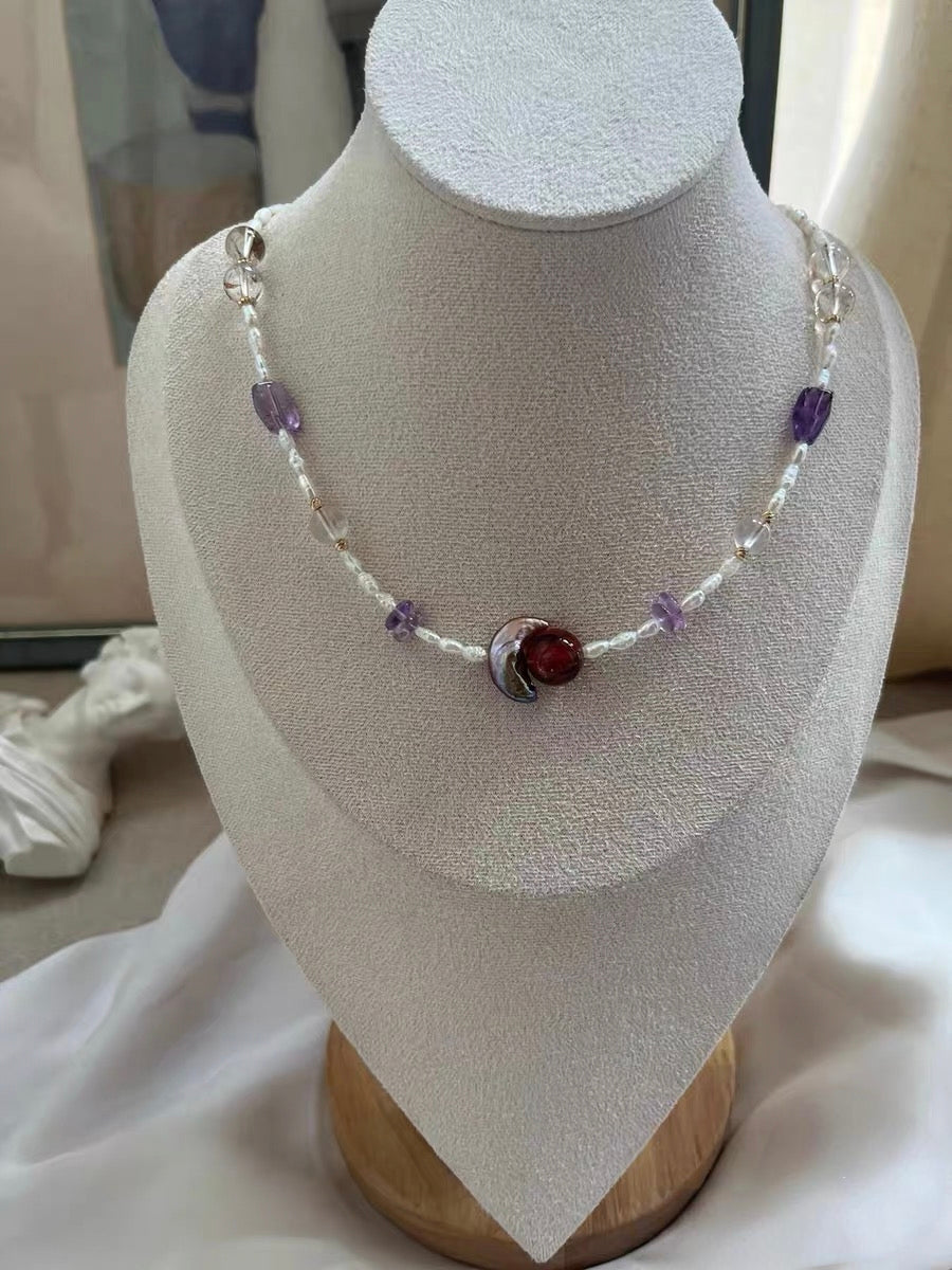 #PN1299 red moon | Freshwater pearl necklace 45cm-46cm lemon citrine moon baroque pearls fire quartz amethyst