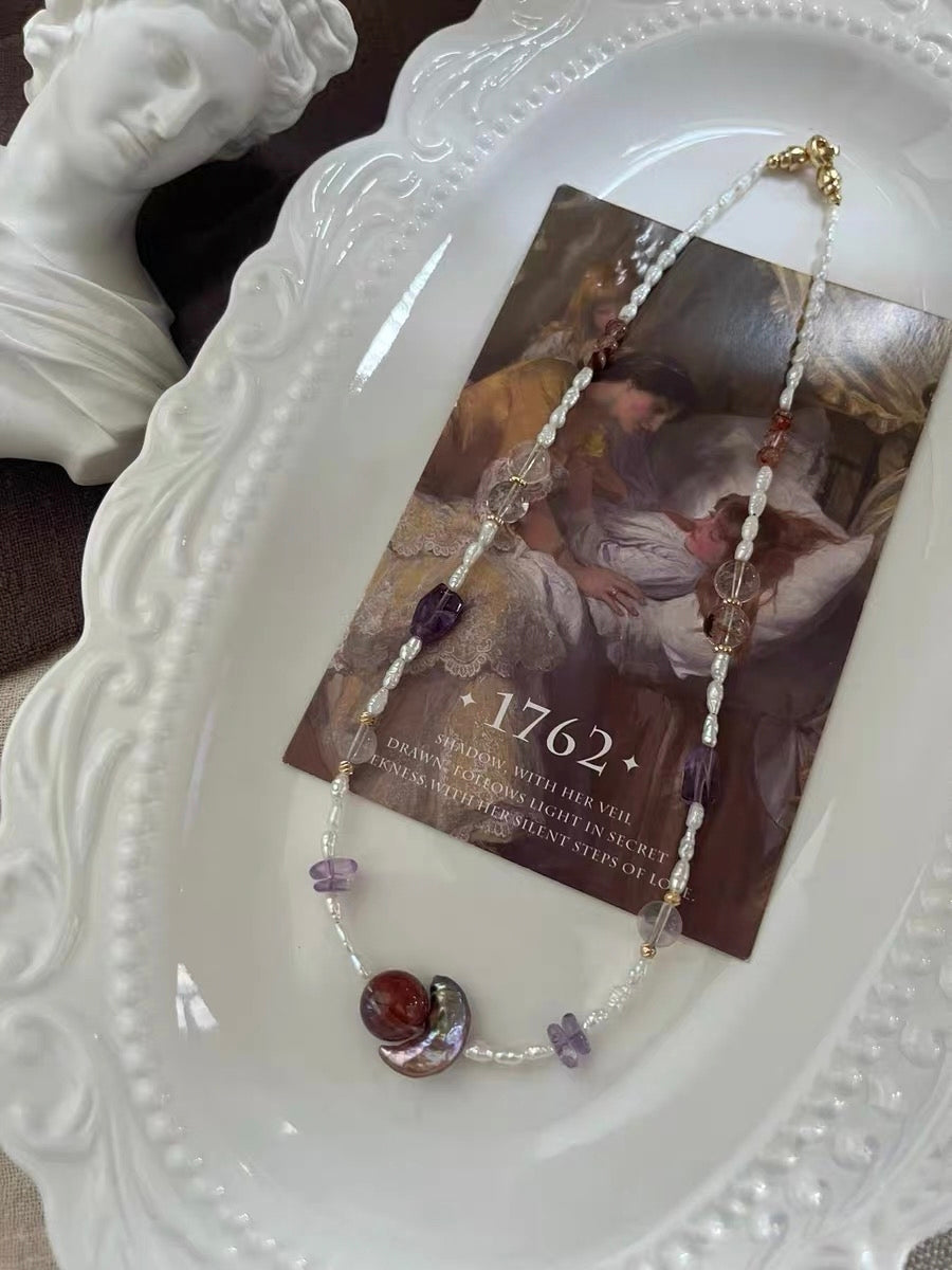 #PN1299 red moon | Freshwater pearl necklace 45cm-46cm lemon citrine moon baroque pearls fire quartz amethyst