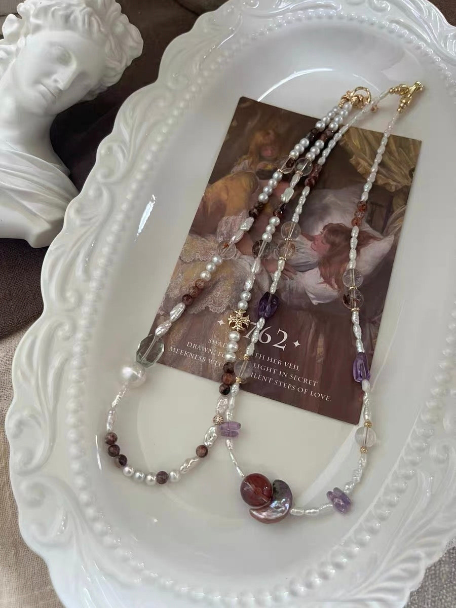 #PN1299 red moon | Freshwater pearl necklace 45cm-46cm lemon citrine moon baroque pearls fire quartz amethyst