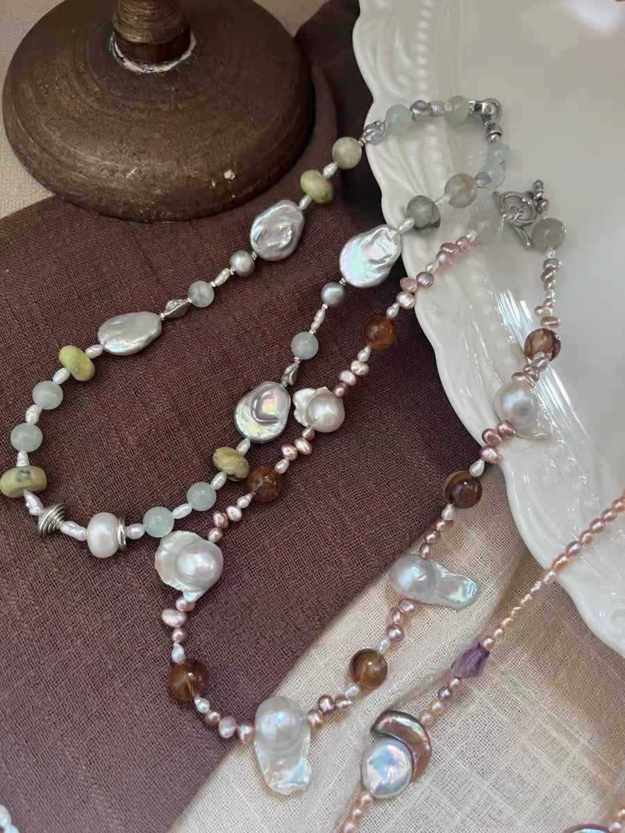 #PN1298 jungle city | Freshwater pearl necklace 45cm moon & son design baroque pearls mermaid baroque golden hematoid aquamarine flower petal pearls