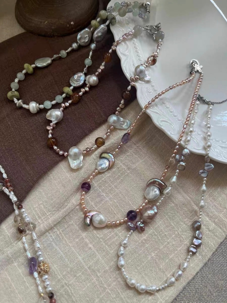 #PN1298 jungle city | Freshwater pearl necklace 45cm moon & son design baroque pearls mermaid baroque golden hematoid aquamarine flower petal pearls