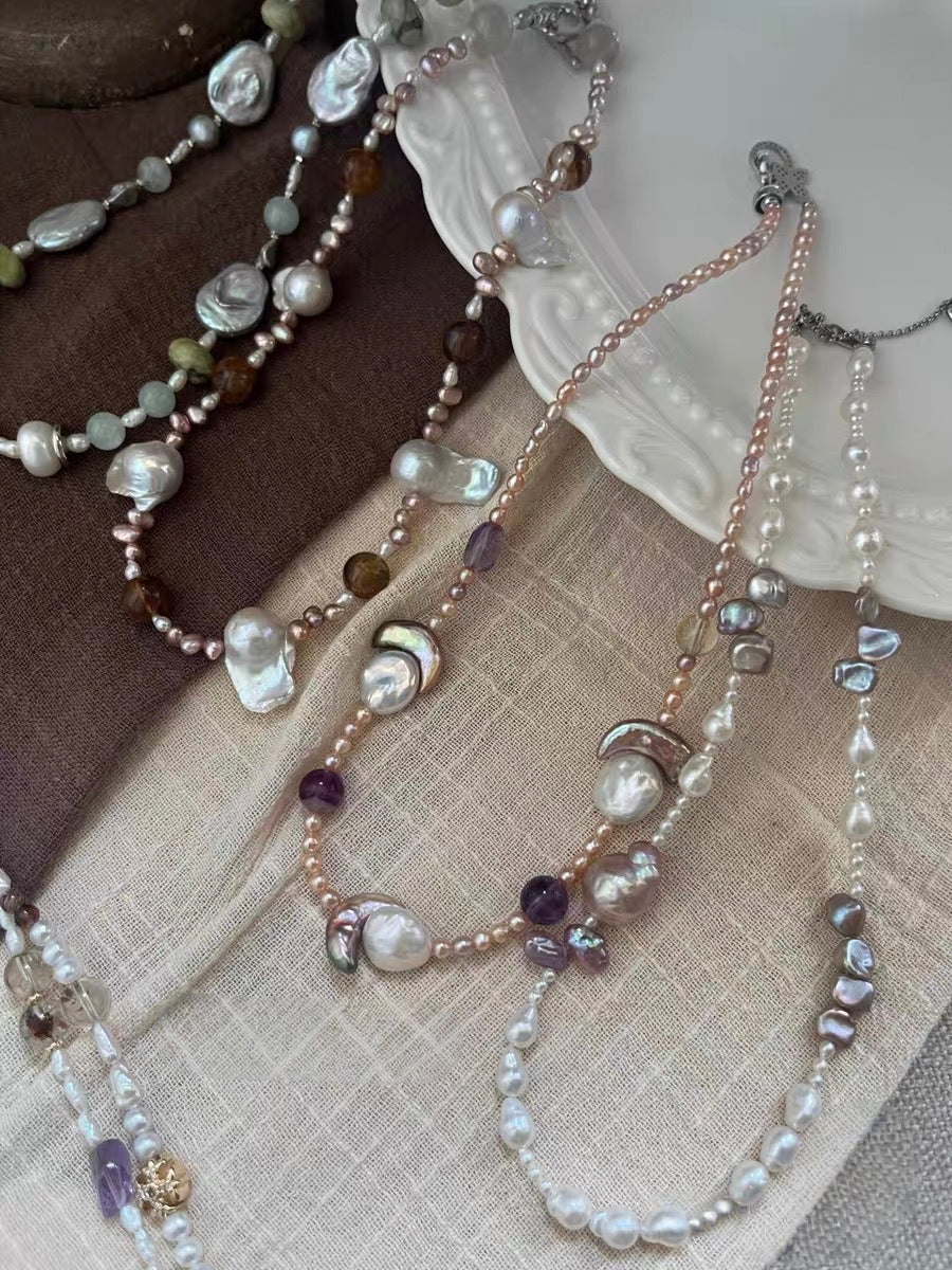 #PN1298 jungle city | Freshwater pearl necklace 45cm moon & son design baroque pearls mermaid baroque golden hematoid aquamarine flower petal pearls